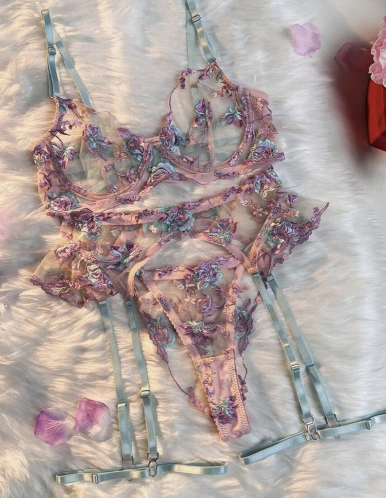 Transparent Embroidery Floral Lingerie Set, Delicate And Sexy Lingerie With Ruffled Hem - Medium - Blue/Pink